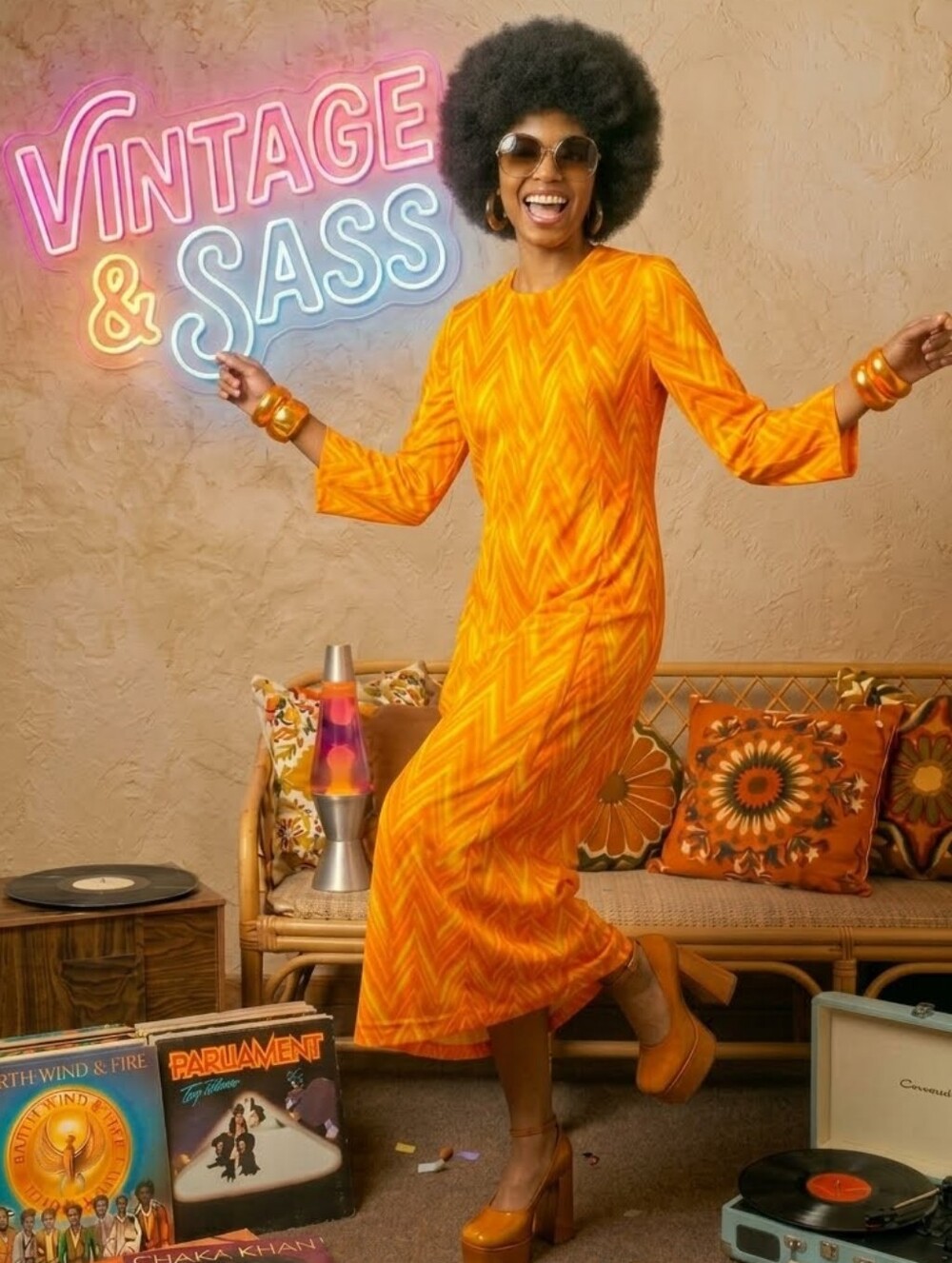 VTG 70s Miss K of San Francisco Chevron Maxi Dress Orange Yellow Psychedelic M
